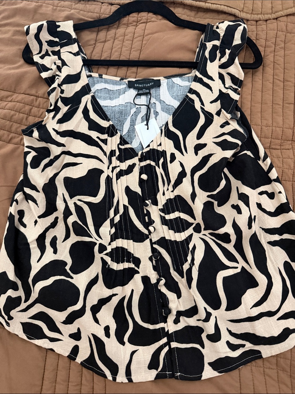 Sanctuary Black & Cream Abstract Ruffle Strap Tank
